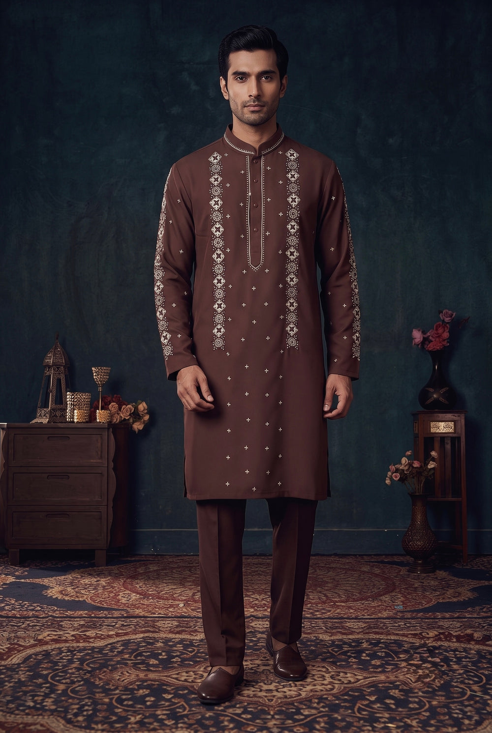 Chocolate Brown Embroidered Kurta Set