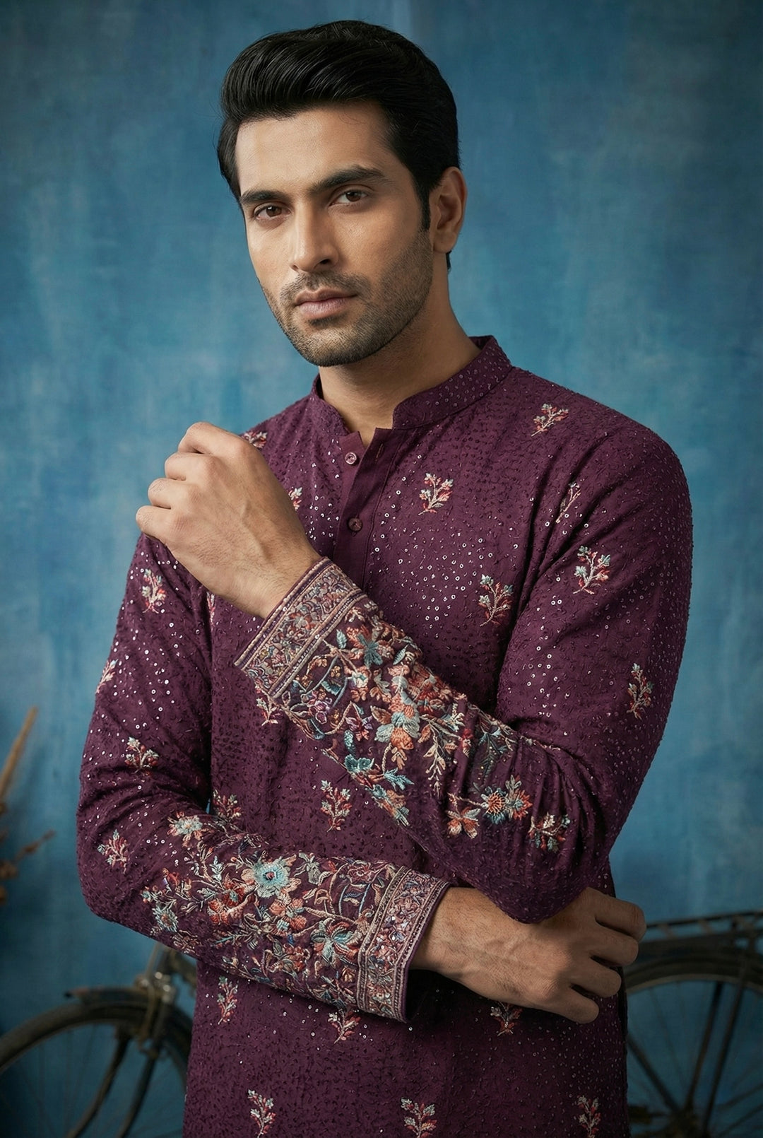 Abees Maroon floral embroidered kurta set - back view