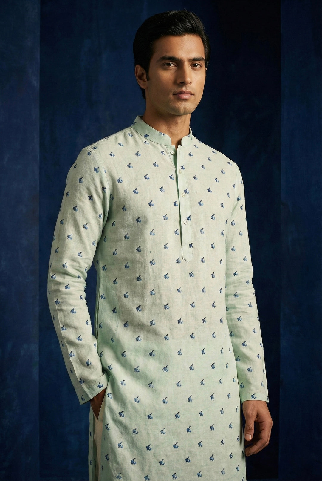 Abees Green linen printed kurta for men - back view