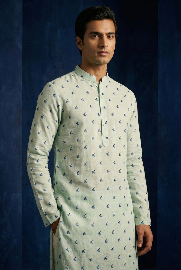Abees Green linen printed kurta for men - back view
