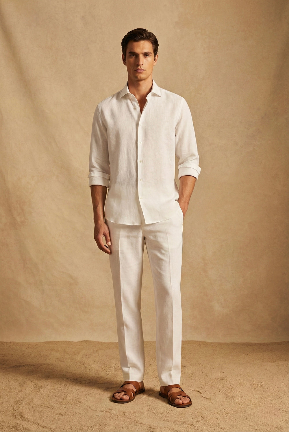 Abees White linen solid classic shirt - front view