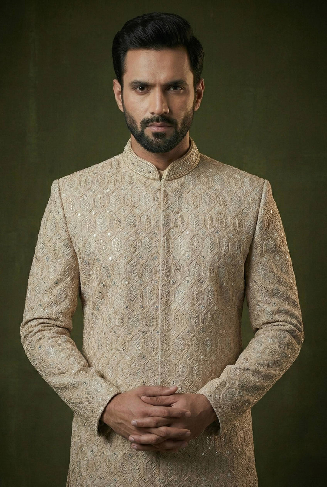 Abees Ivory gold geometric embroidered sherwani set - back view