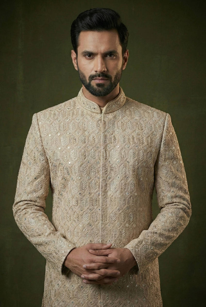 Abees Ivory gold geometric embroidered sherwani set - back view