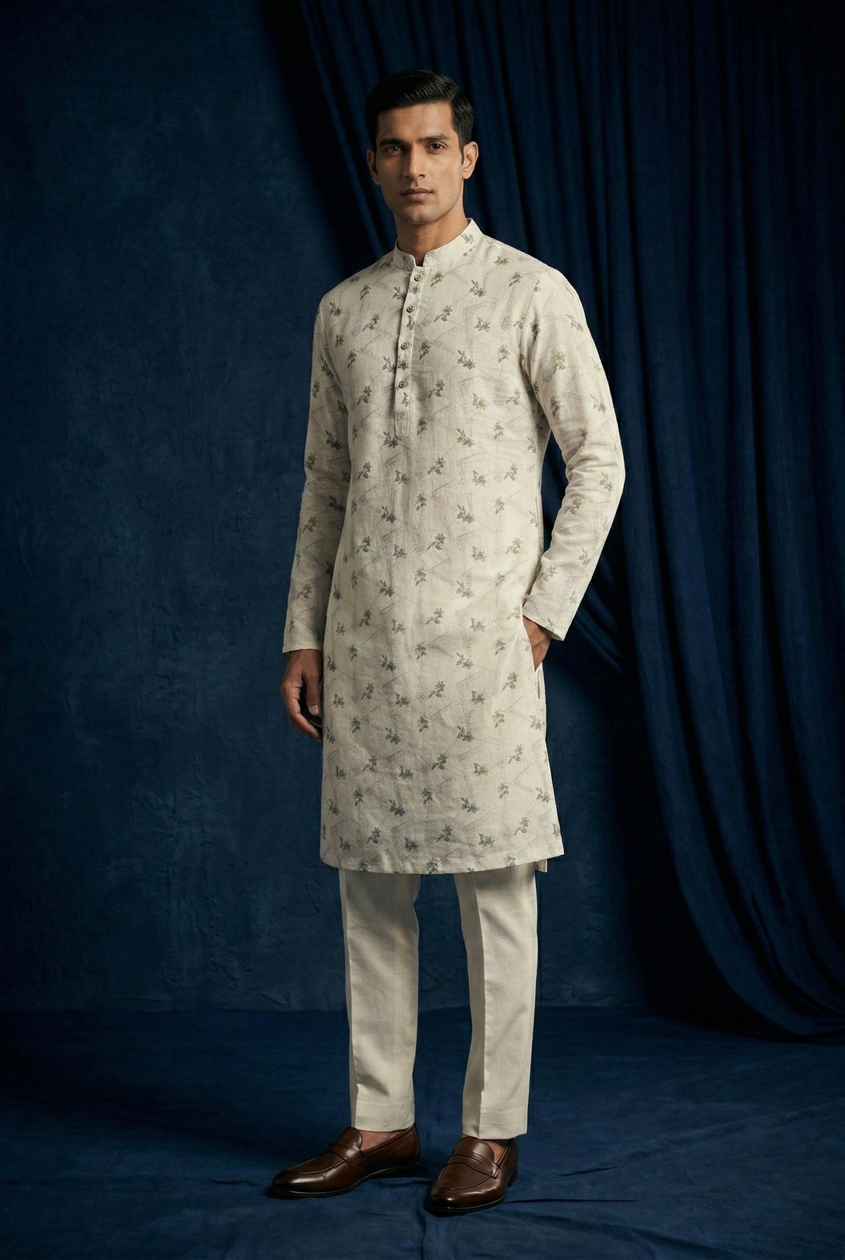 Ivory Minimal Printed 100% Linen Kurta with Trousers