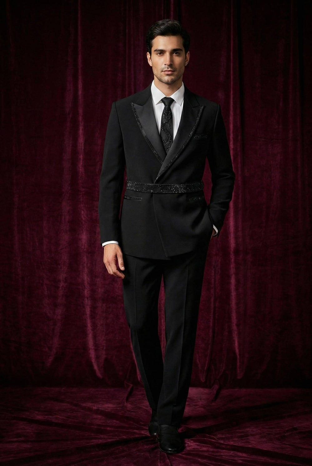Abees Black beadwork evening tuxedo set - front view