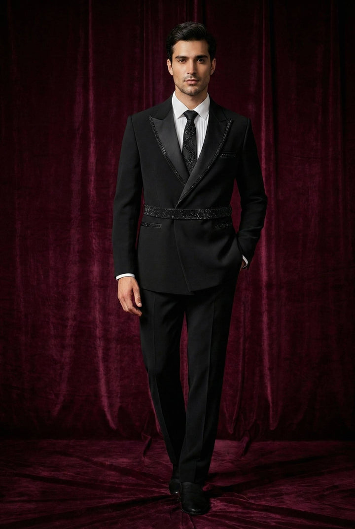 Abees Black beadwork evening tuxedo set - front view
