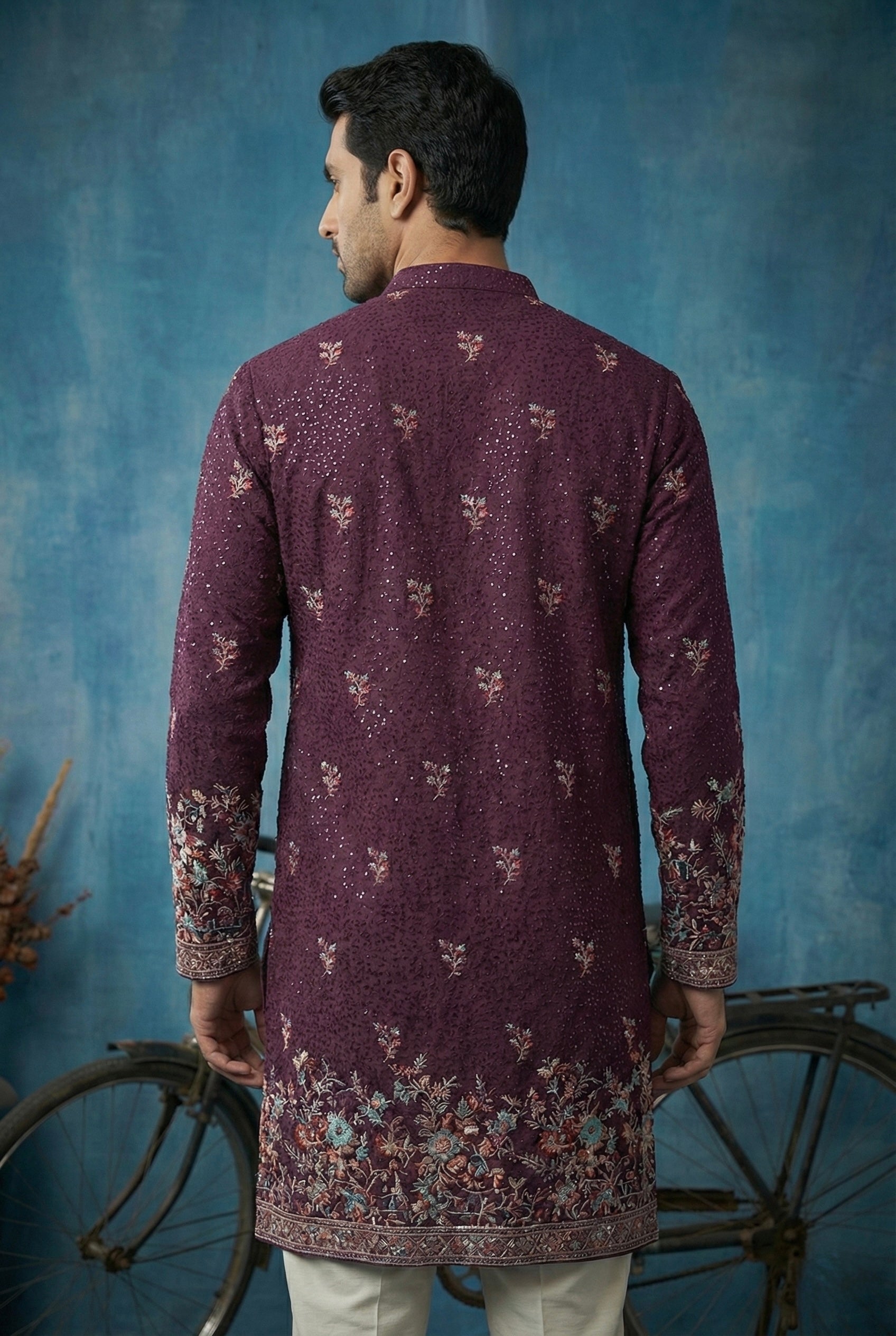 Wine Floral Embroidered Kurta for Men