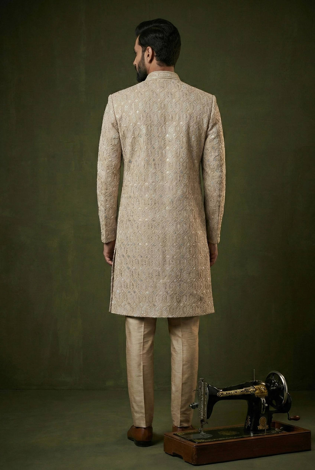 Abees Ivory gold geometric embroidered sherwani set - side view