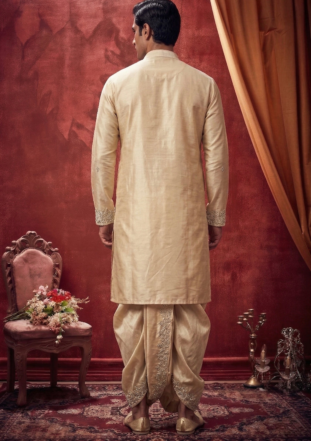 Abees Beige gold embroidered kurta set with dhoti - side view