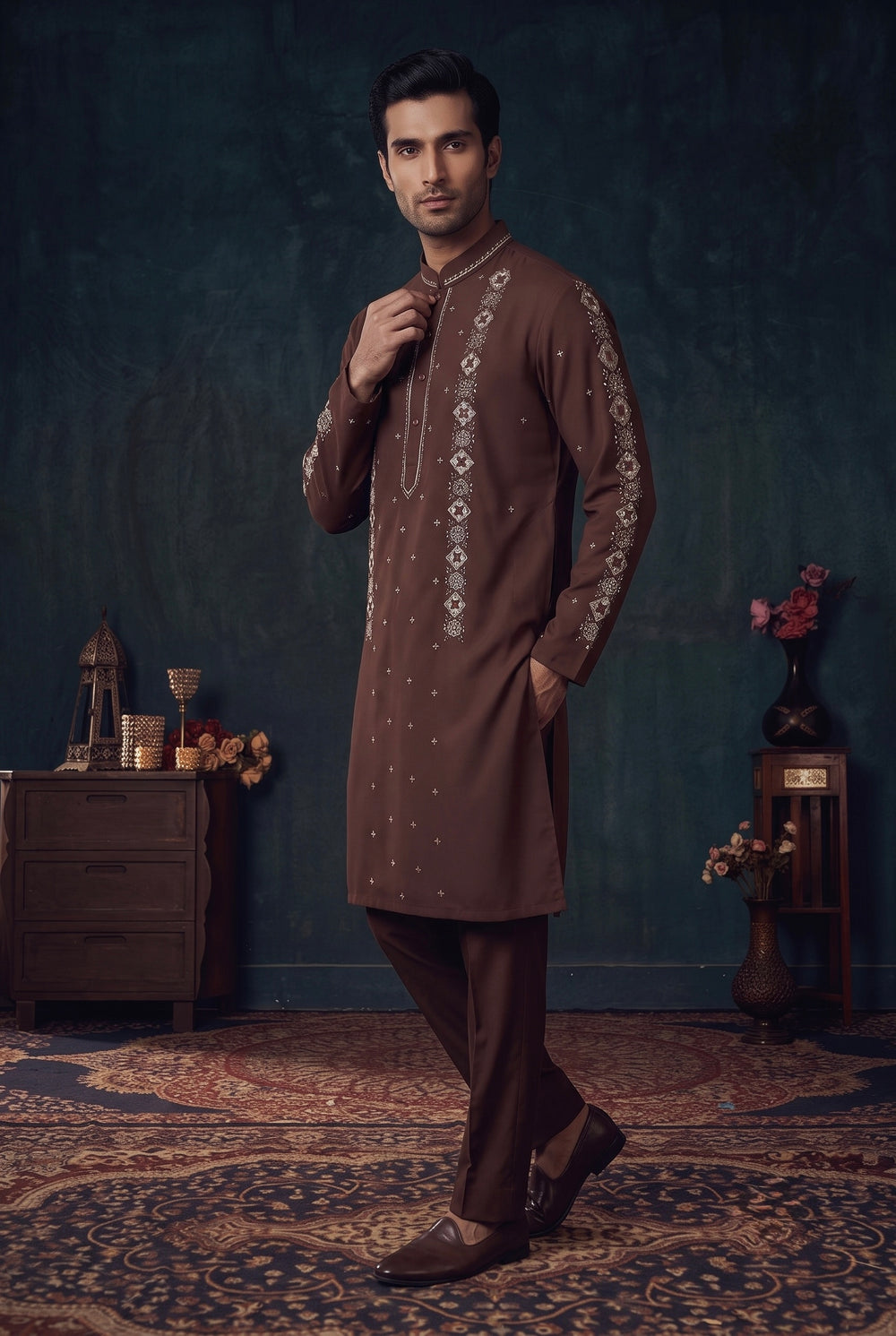 Chocolate Brown Embroidered Kurta Set