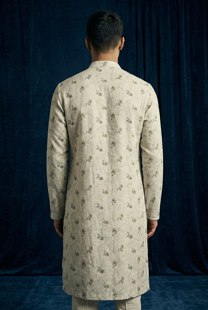 Abees Beige linen printed kurta set with trousers - detail view 1