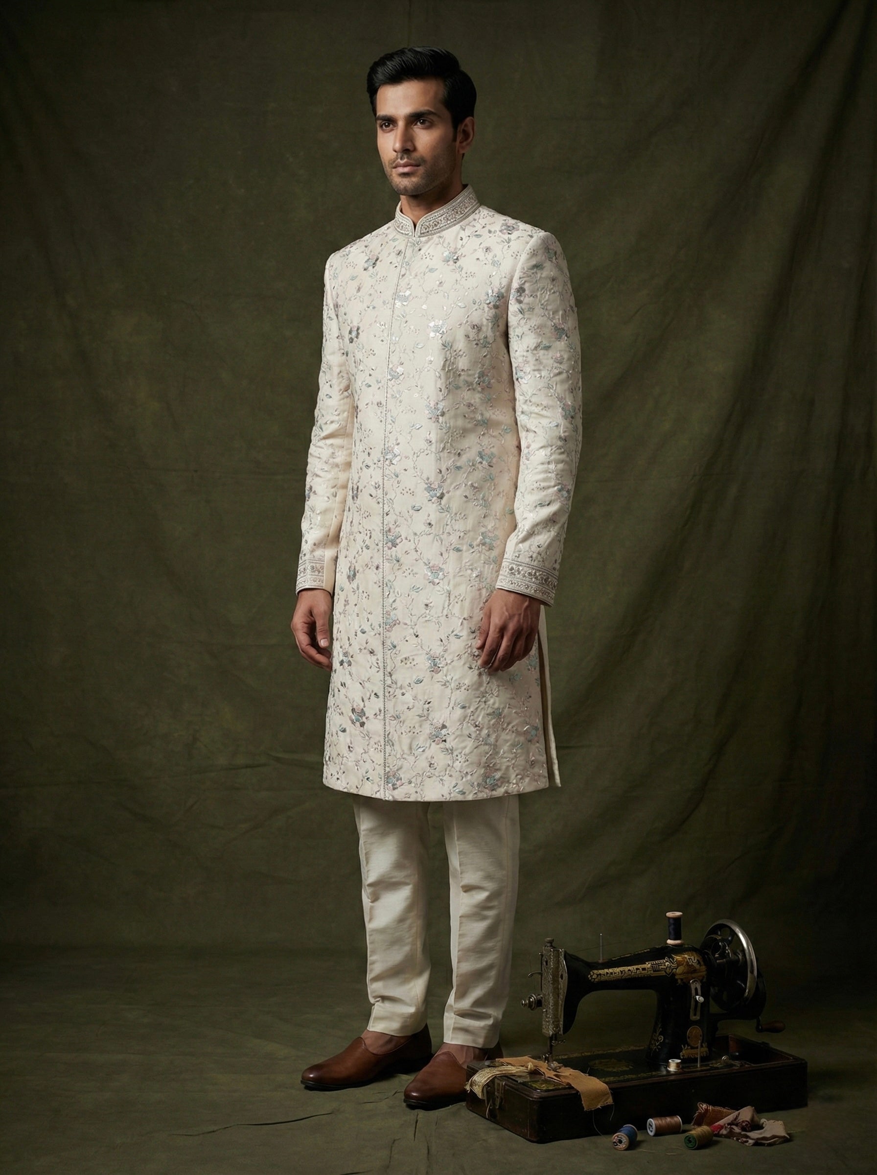 Ivory Floral Embroidered Sherwani Set for Men