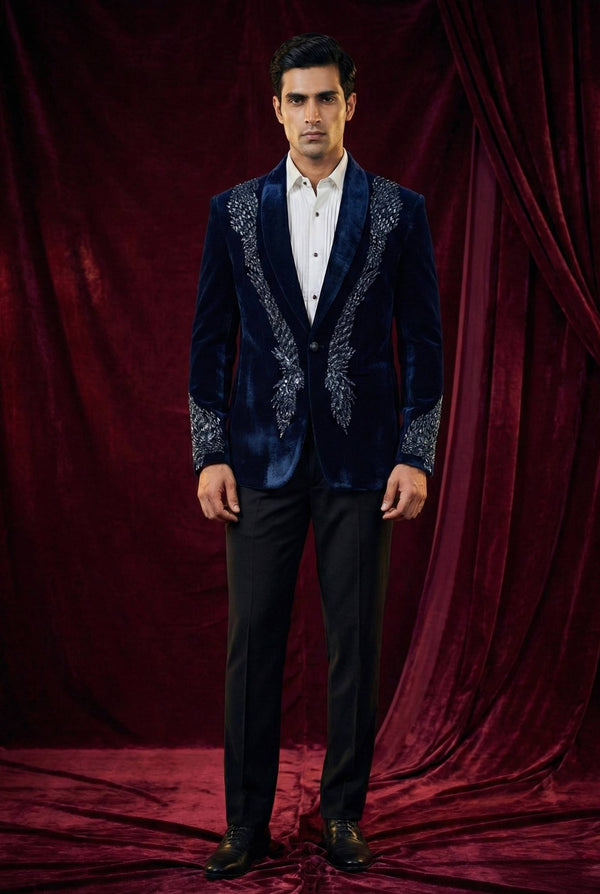 Abees Blue velvet embroidered tuxedo jacket - front view