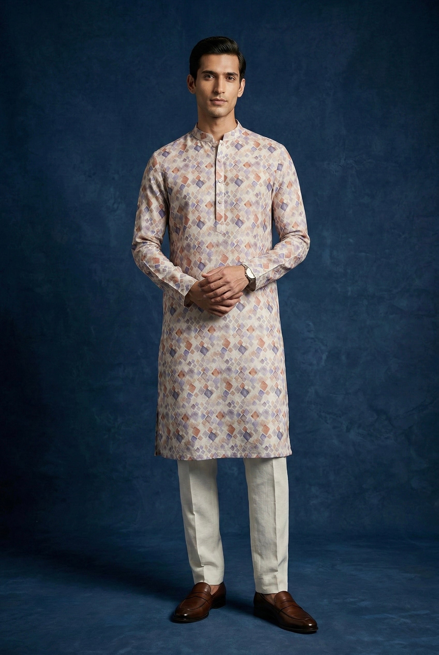 Multicolor Geometric Printed 100% Linen Kurta with Trousers