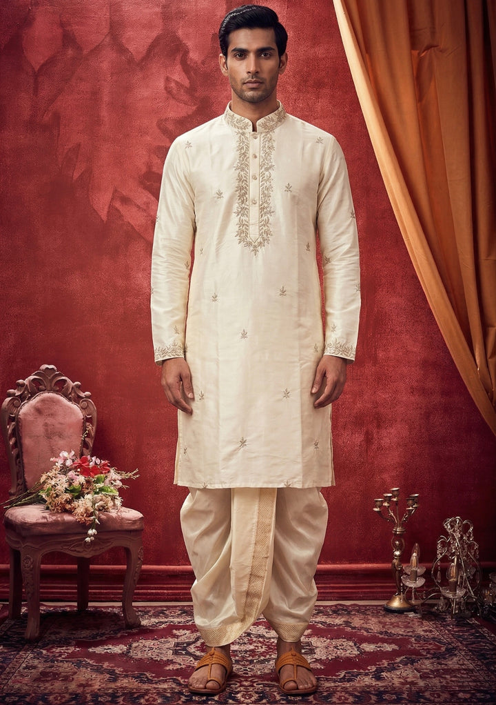 Abees White silk embroidered kurta set with dhoti - front view