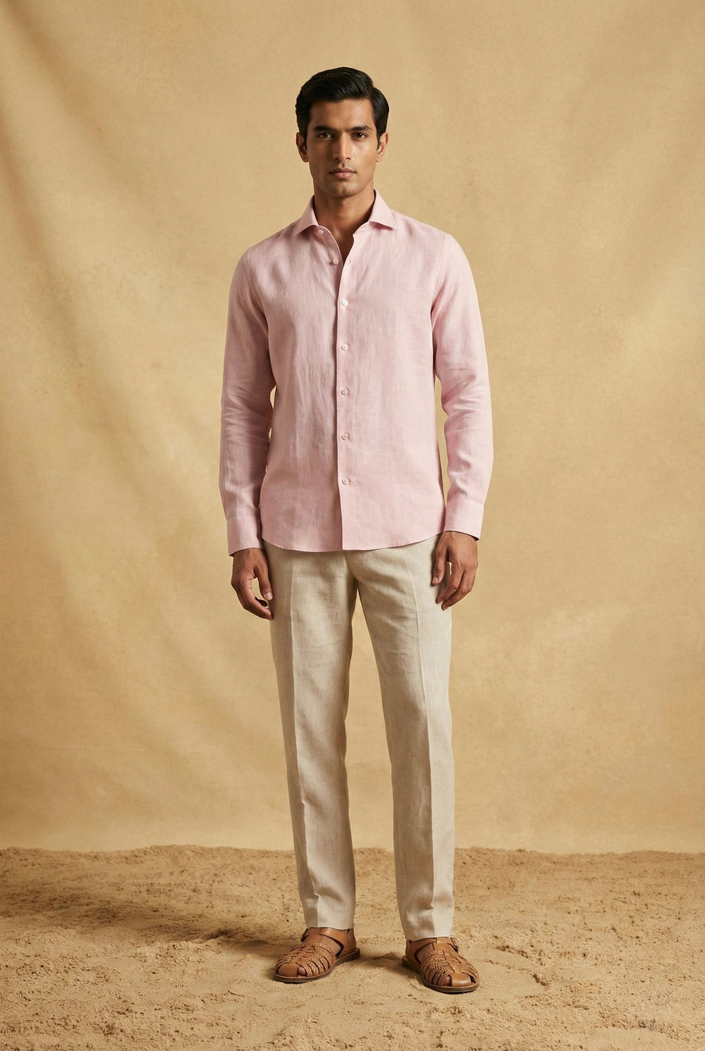 Abees Pink linen solid shirt - front view