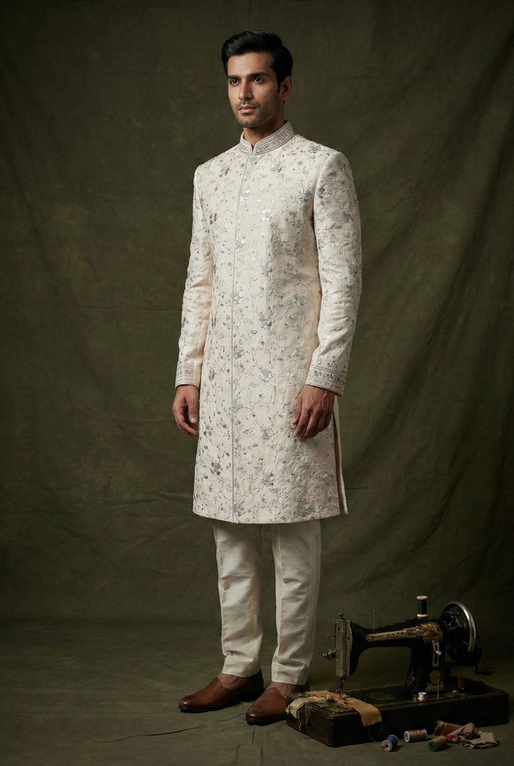 Abees White floral embroidered sherwani set - front view