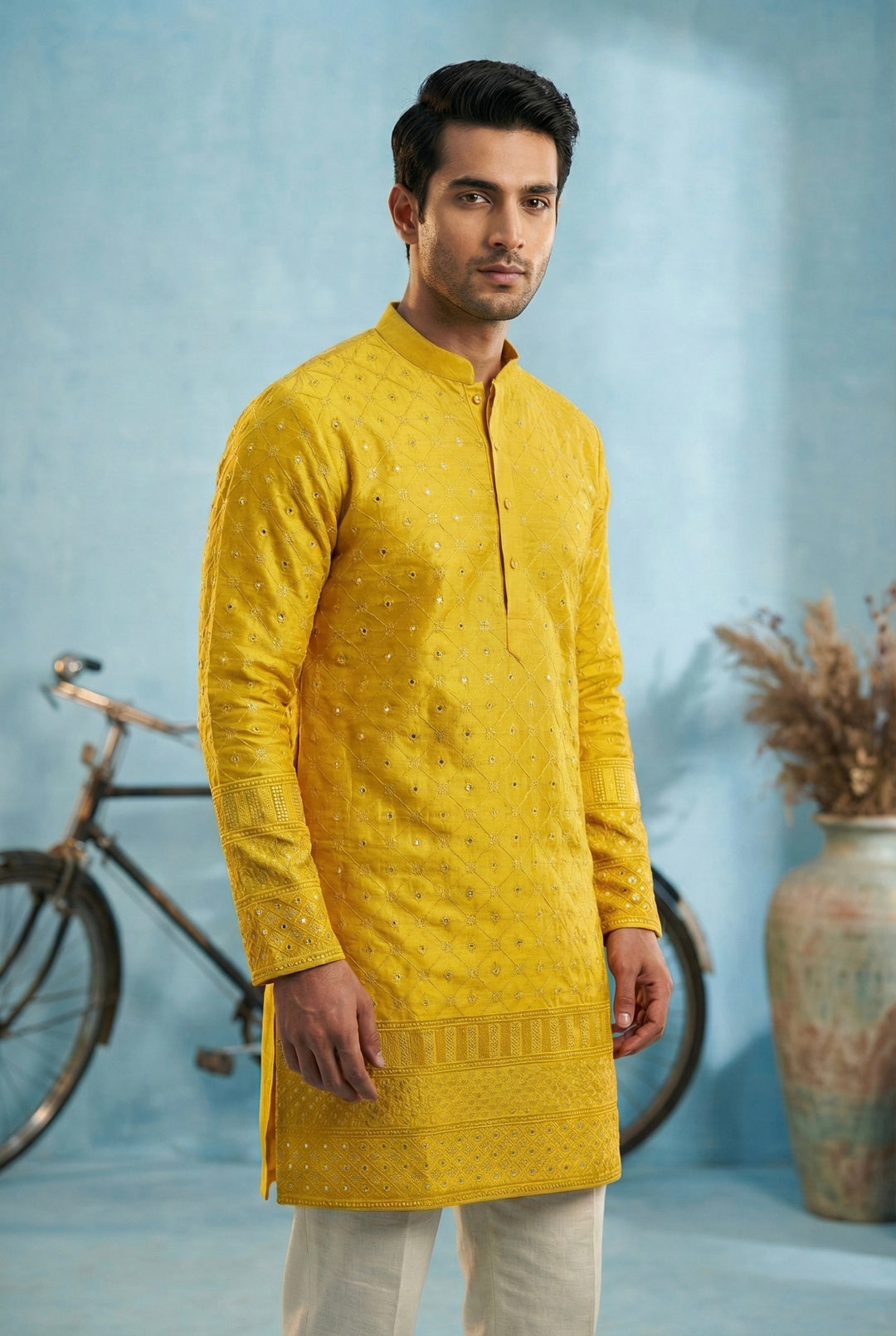 Abees Yellow embroidered kurta set - front view