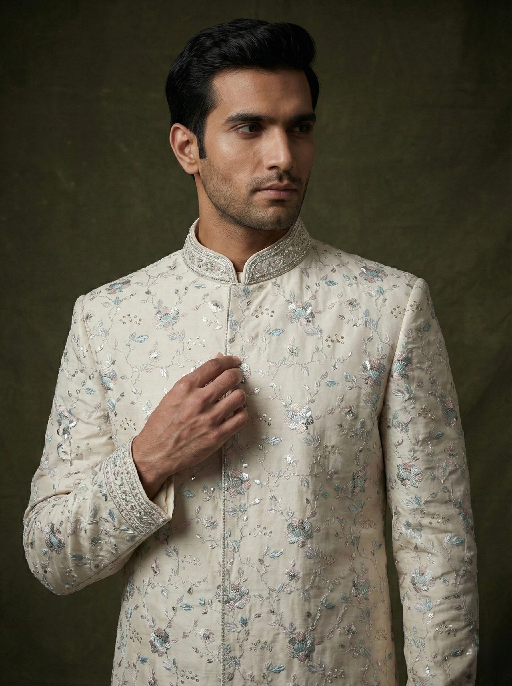 Ivory Floral Embroidered Sherwani Set for Men