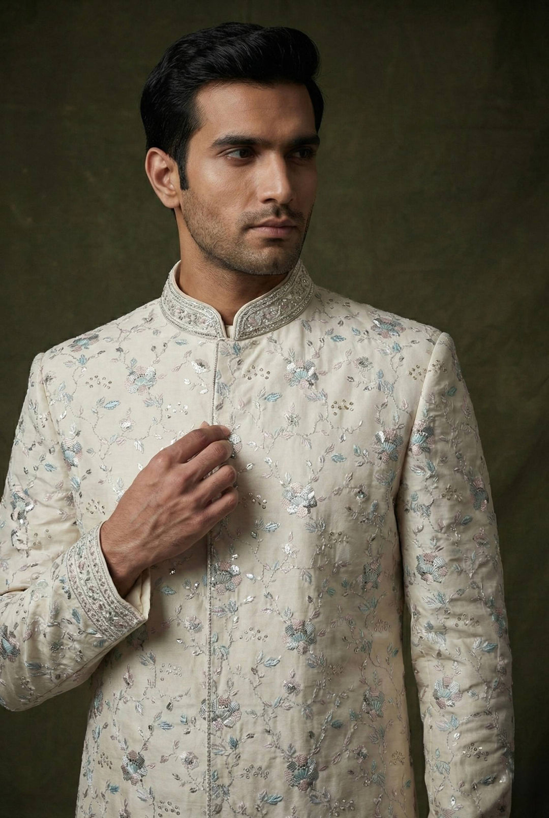 Abees White floral embroidered sherwani set - back view