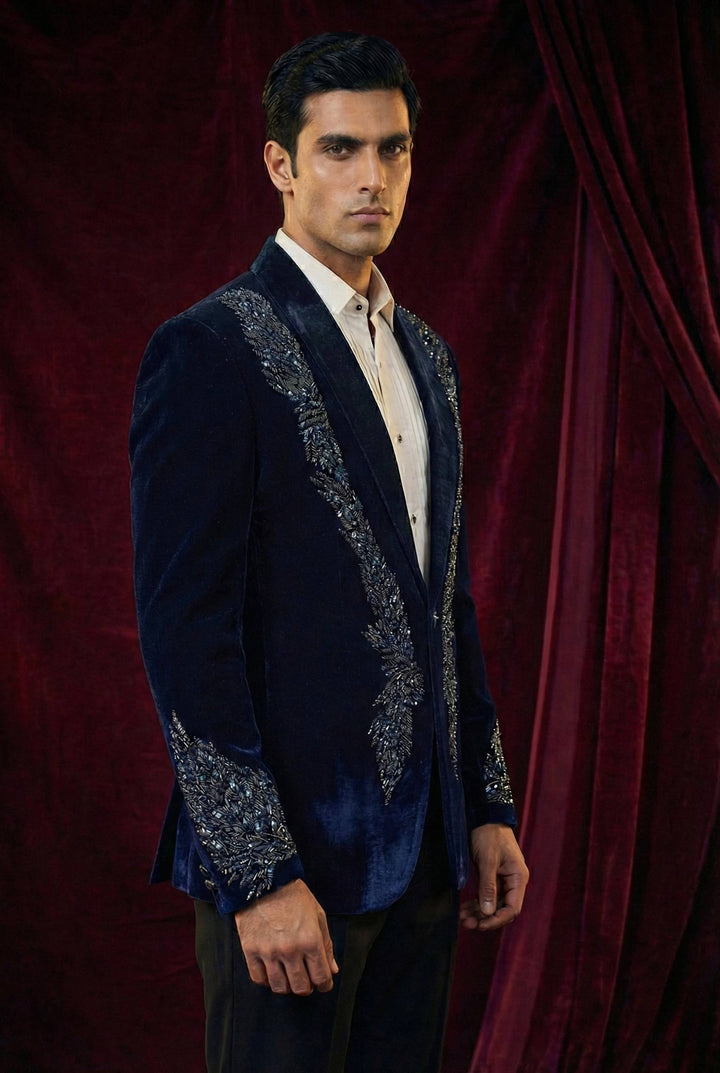 Midnight Blue Velvet Embroidered Evening Blazer
