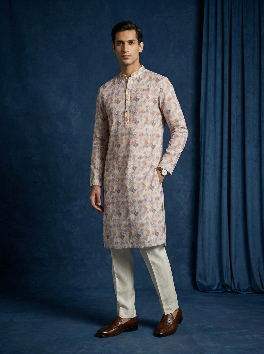 Multicolor Geometric Printed 100% Linen Kurta with Trousers