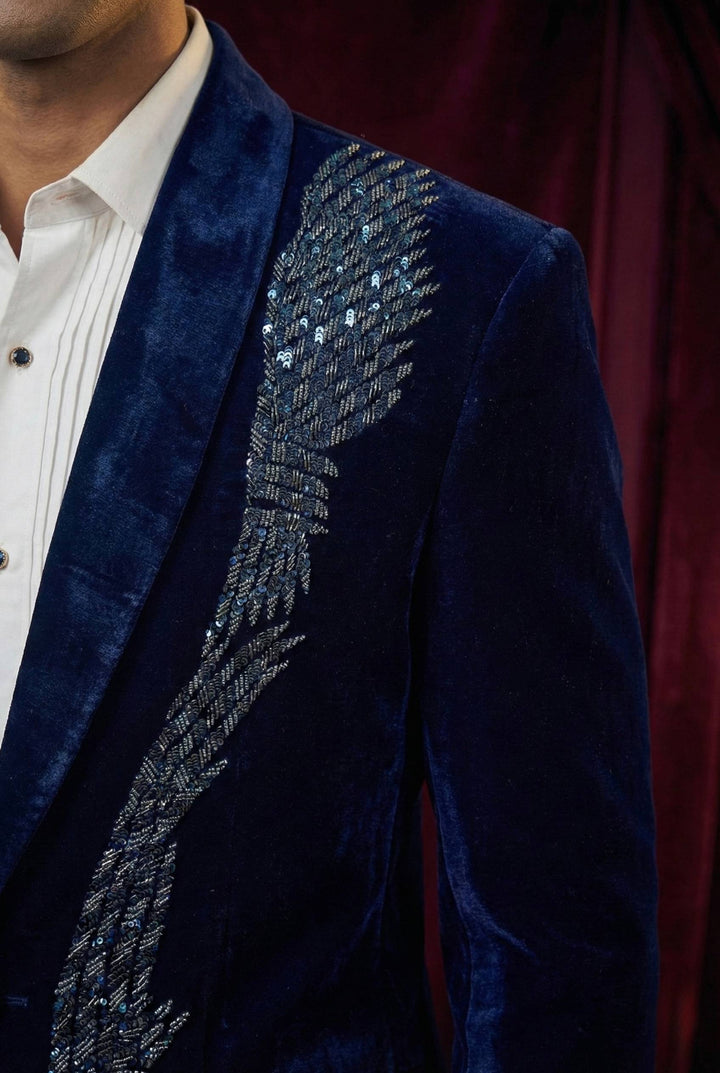 Midnight Blue Velvet Embroidered Evening Blazer