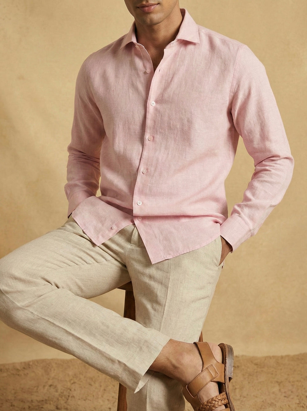 Abees Pink linen solid shirt - side view
