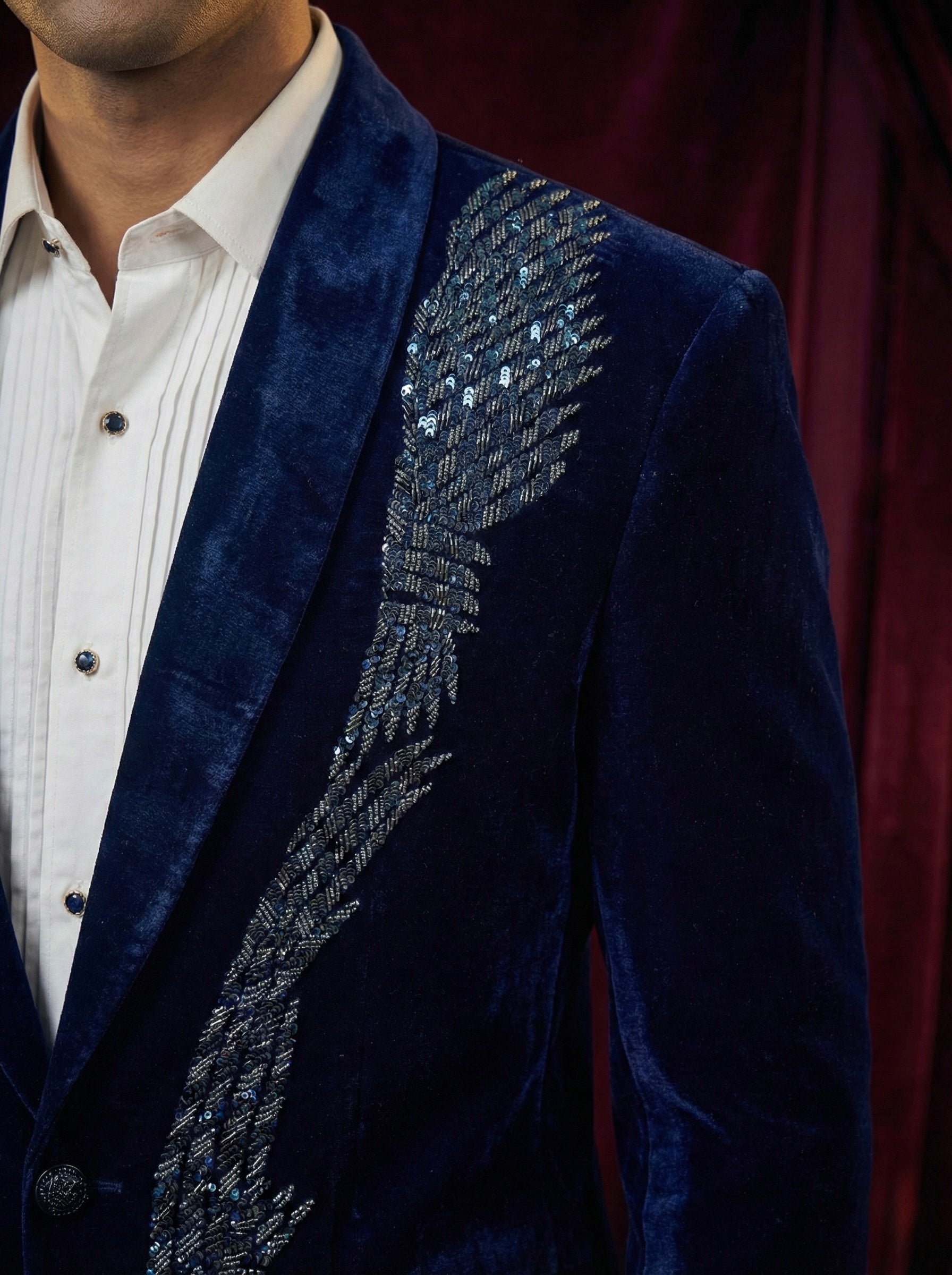 Midnight Blue Velvet Embroidered Evening Blazer