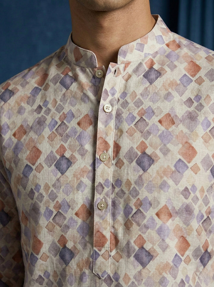 Multicolor Geometric Printed 100% Linen Kurta with Trousers