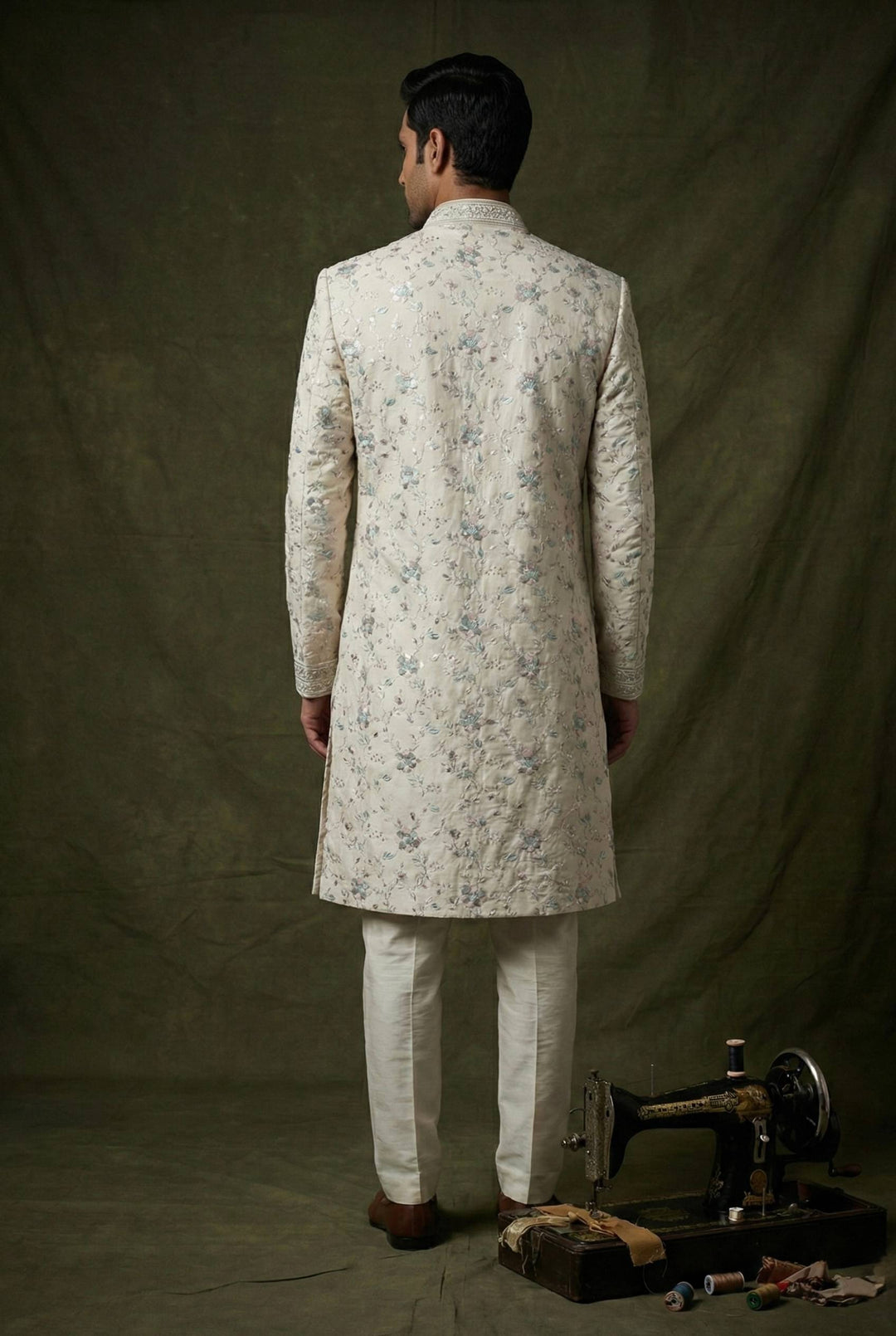 Abees White floral embroidered sherwani set - side view