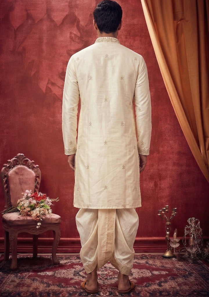 Abees White silk embroidered kurta set with dhoti - side view