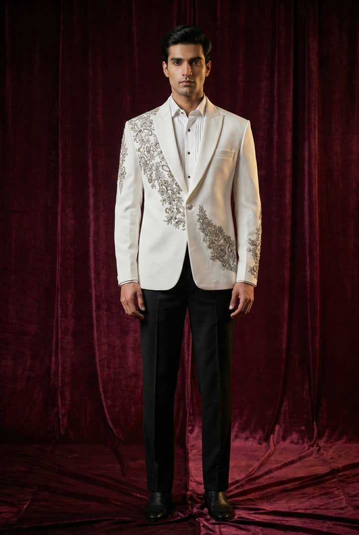 Abees White embroidered statement tuxedo jacket and trousers - detail view 1