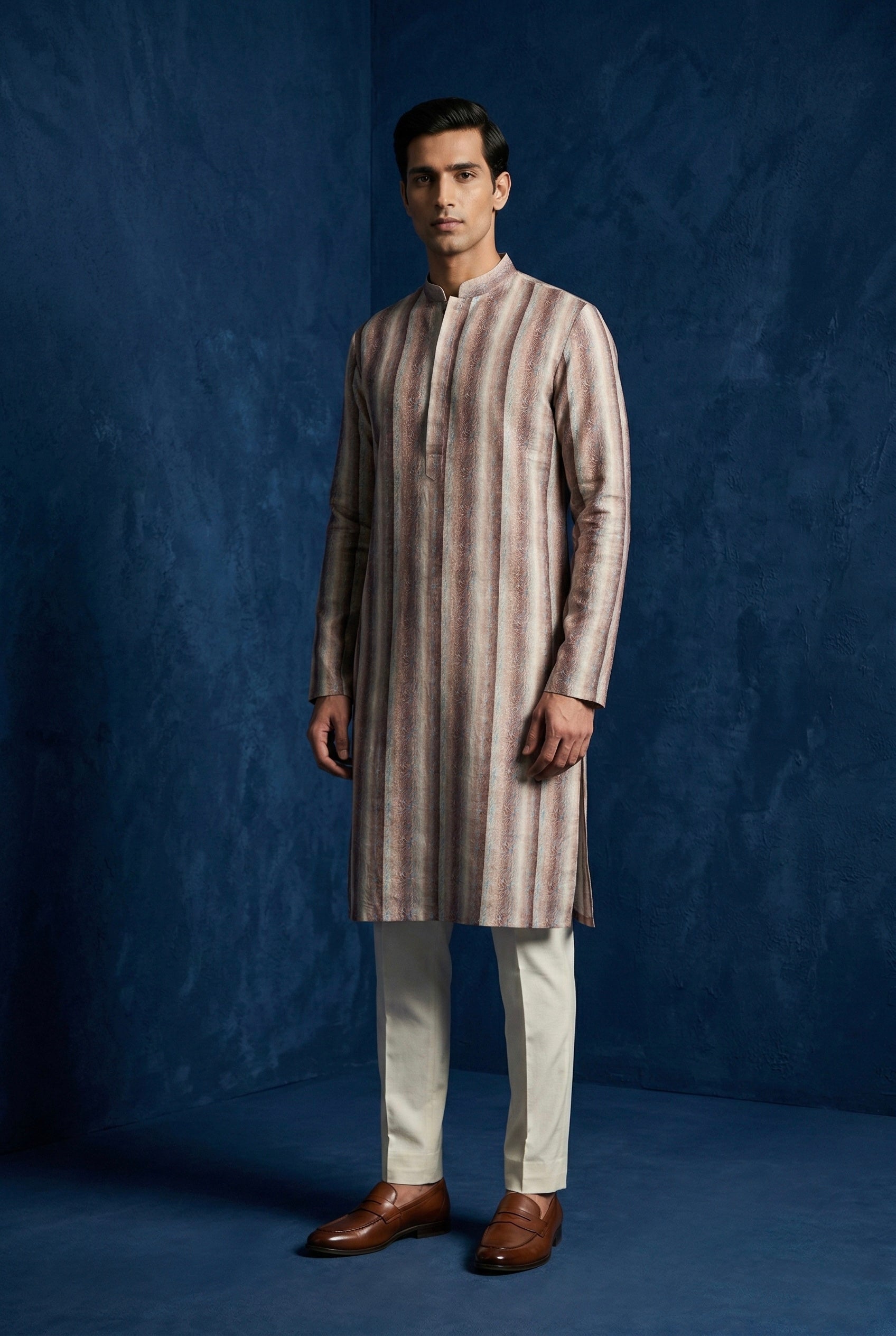 Beige & Rust Vertical Stripe 100% Linen Kurta with Trousers