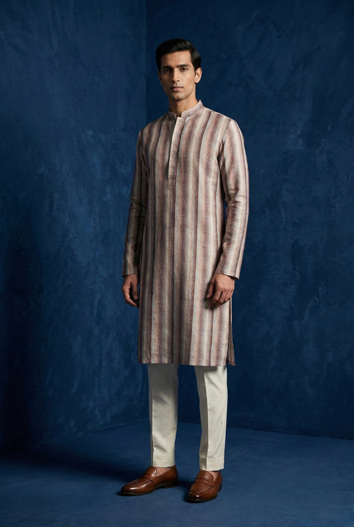 Abees Beige linen striped kurta set with trousers - front view