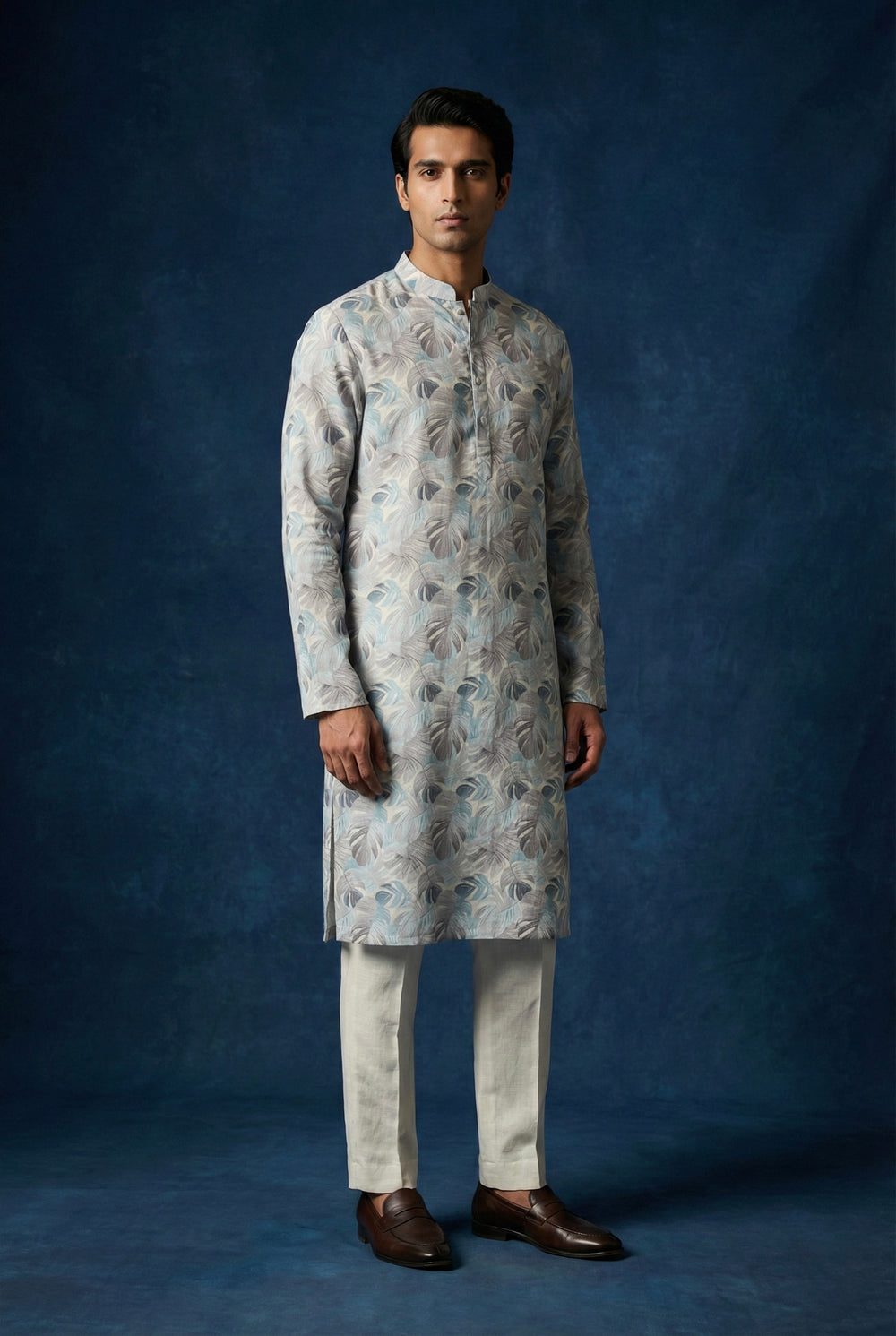 Abees Blue linen printed kurta set with pyjama - front view