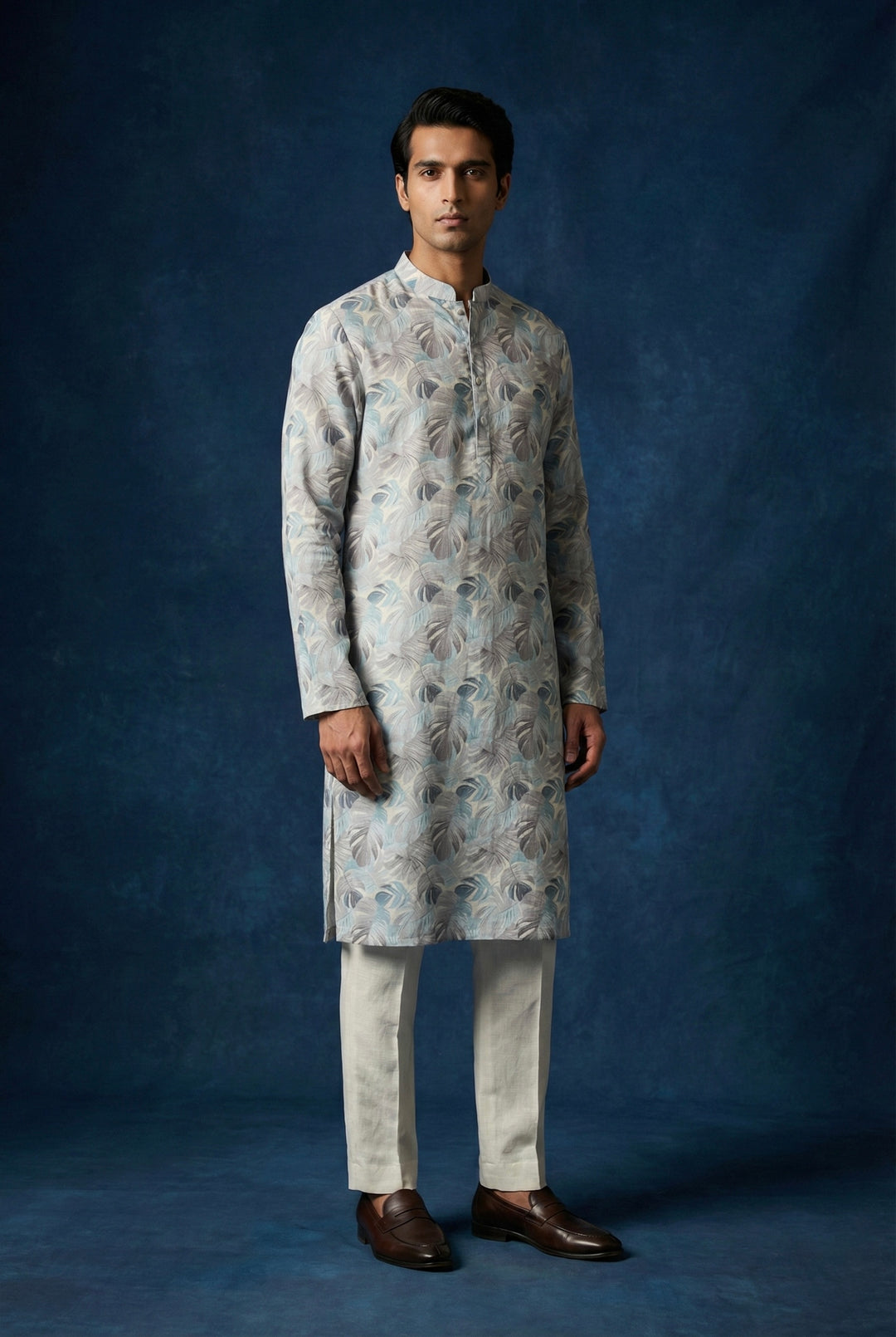 Abees Blue linen printed kurta set with pyjama - front view
