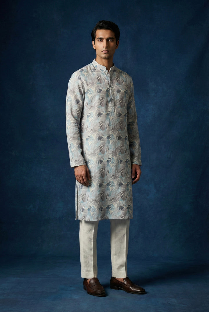 Abees Blue linen printed kurta set with pyjama - front view