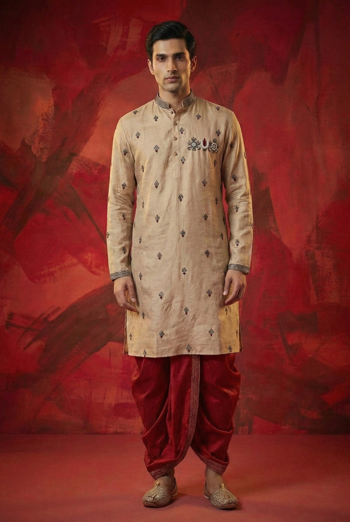 Abees Beige embroidered kurta set with red dhoti - front view