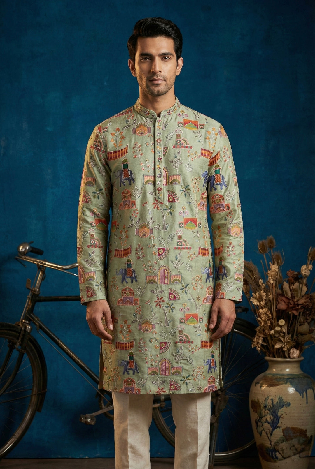 Abees Green cotton silk embroidered kurta set - front view