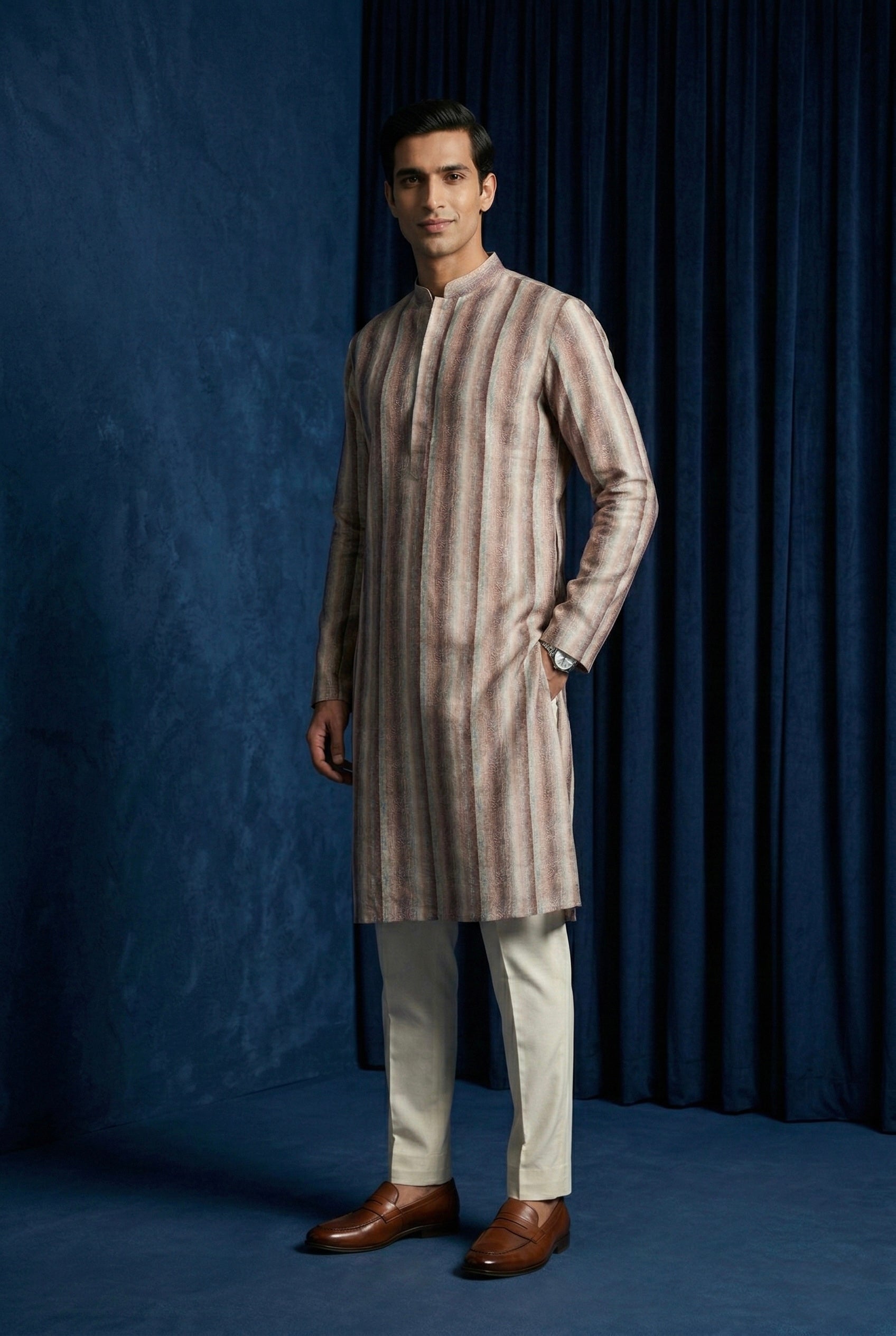 Beige & Rust Vertical Stripe 100% Linen Kurta with Trousers