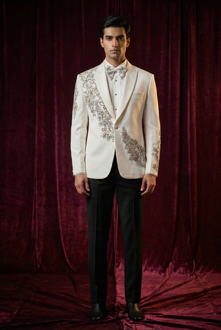 Abees White embroidered statement tuxedo jacket and trousers - front view
