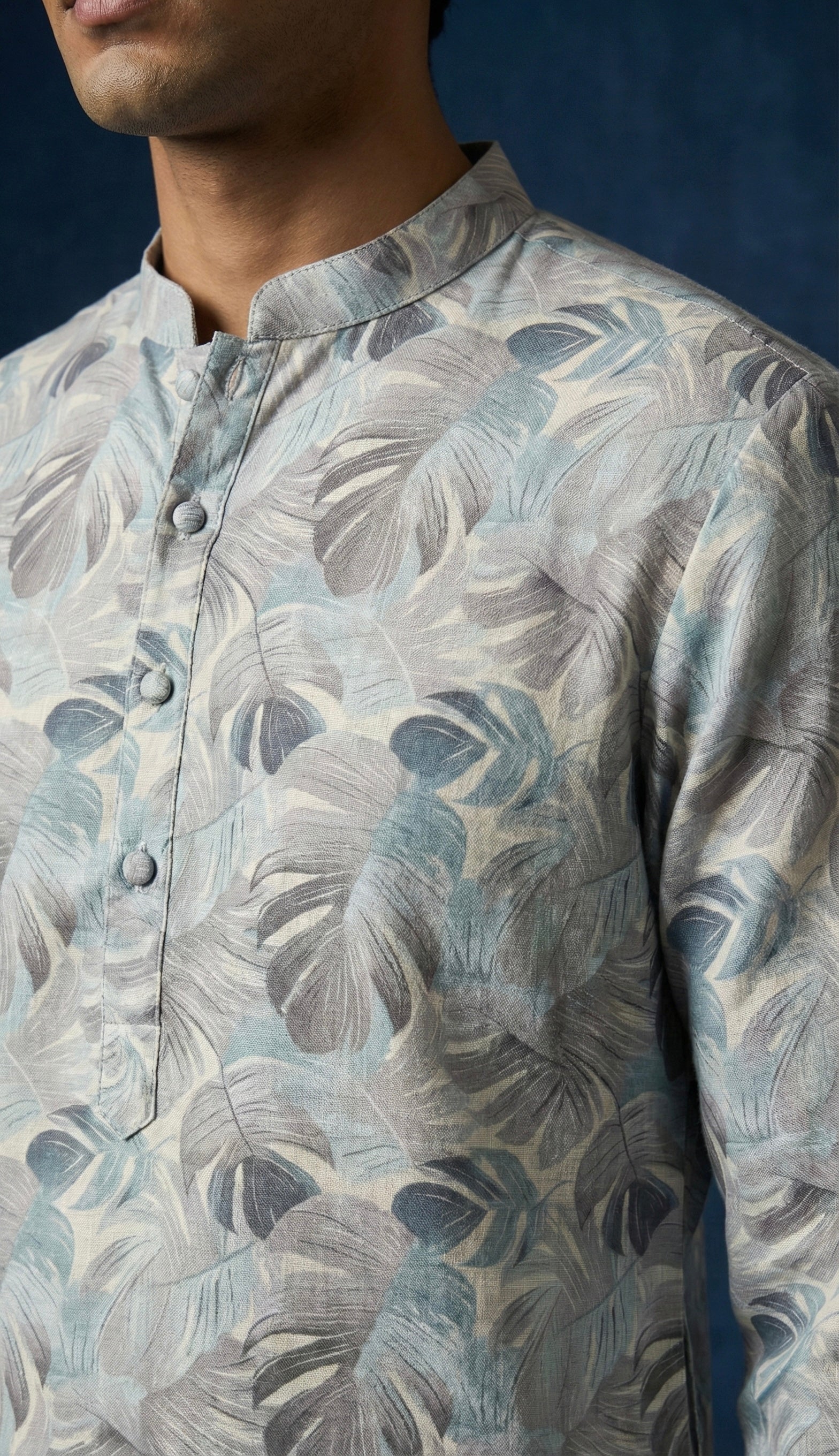 Mist Blue Botanical 100% Pure Linen Kurta Pajama Set