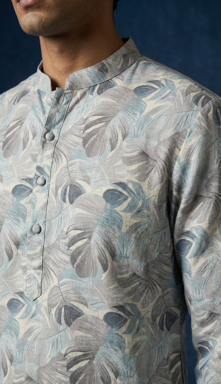 Abees Blue linen printed kurta set with pyjama - back view