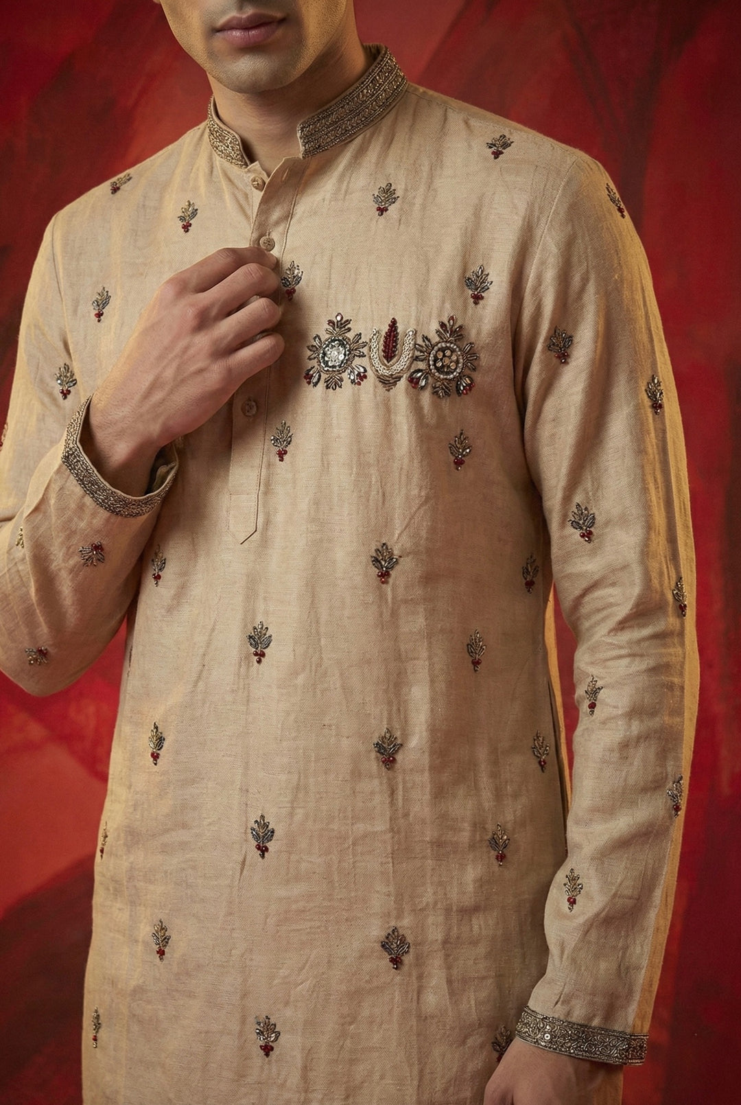 Abees Beige embroidered kurta set with red dhoti - back view