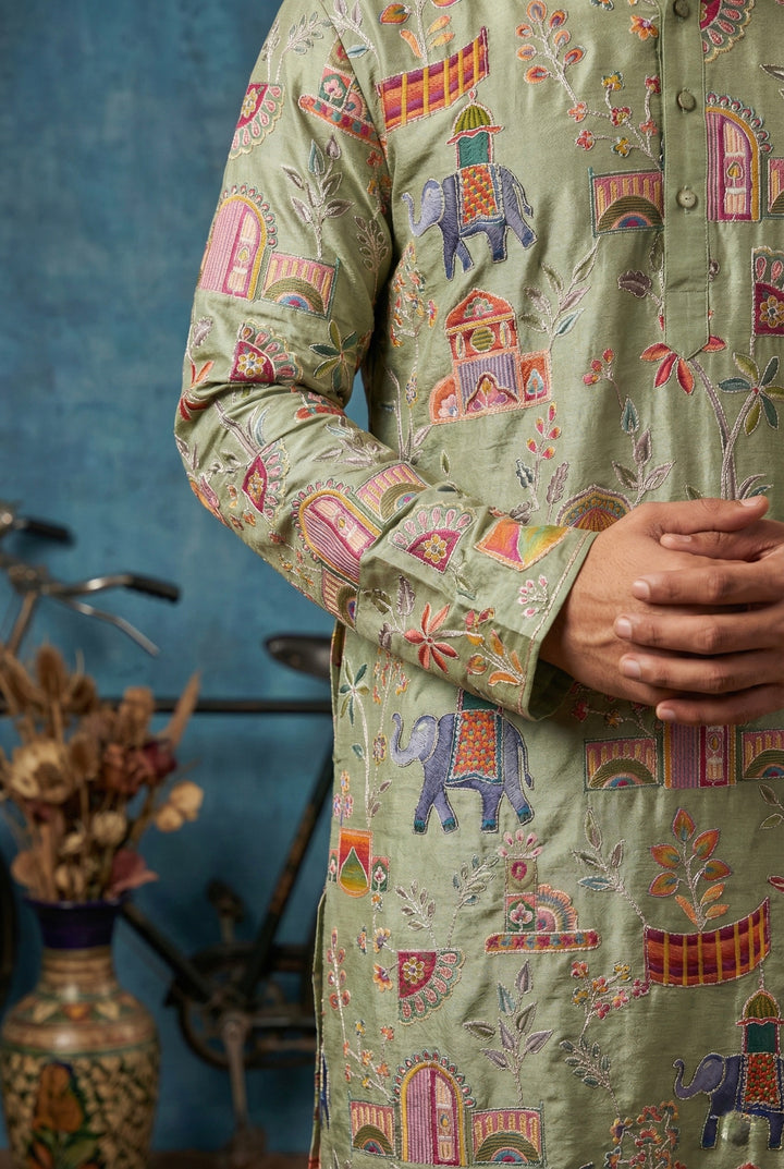 Abees Green cotton silk embroidered kurta set - back view