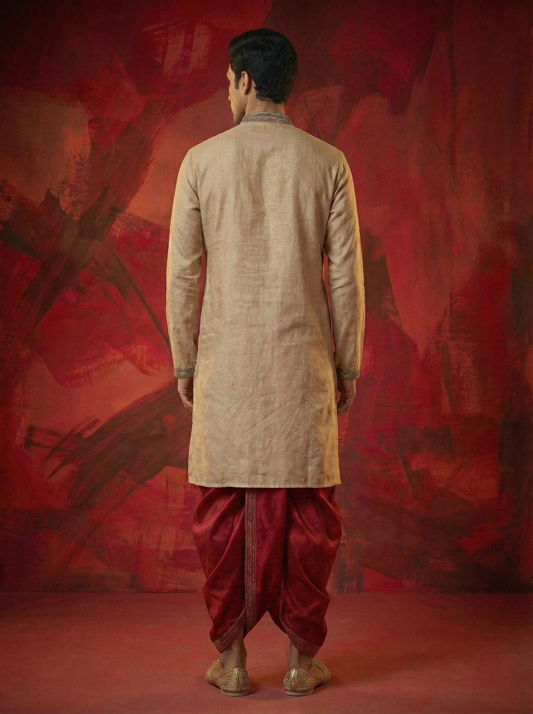 Ivory Sand Embroidered Kurta with Red Dhoti Set
