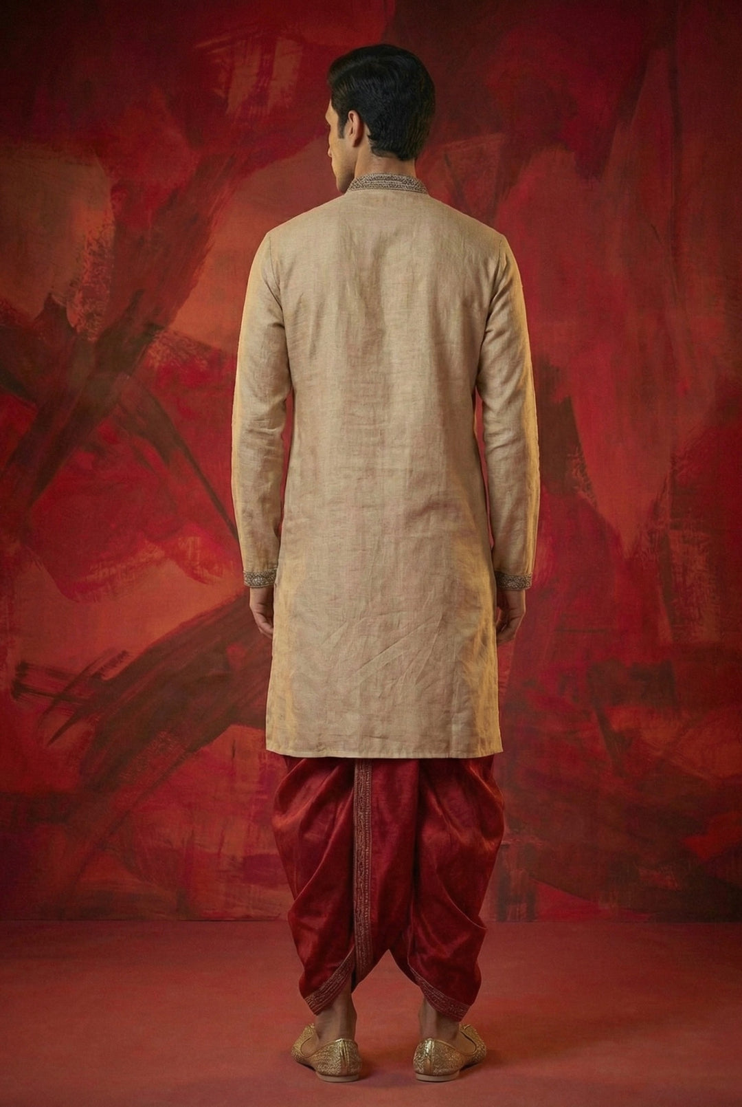 Abees Beige embroidered kurta set with red dhoti - side view