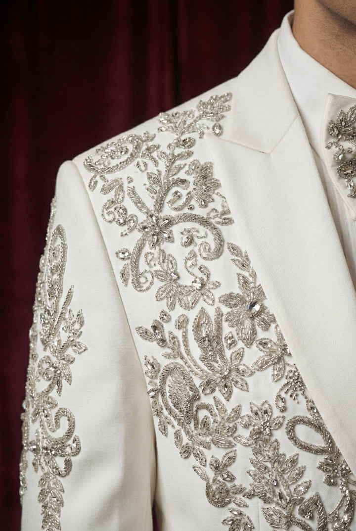 Abees White embroidered statement tuxedo jacket and trousers - back view