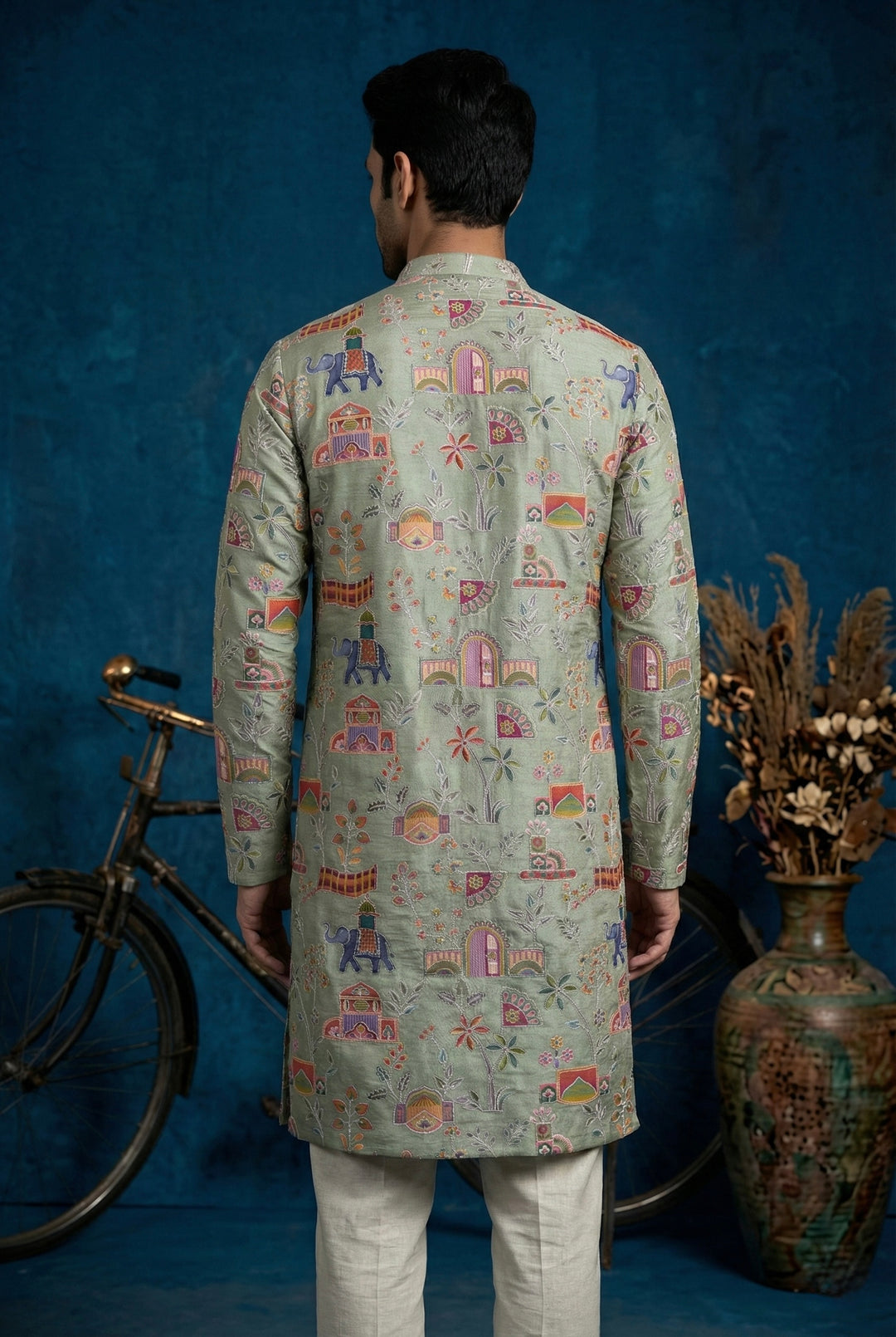 Abees Green cotton silk embroidered kurta set - side view